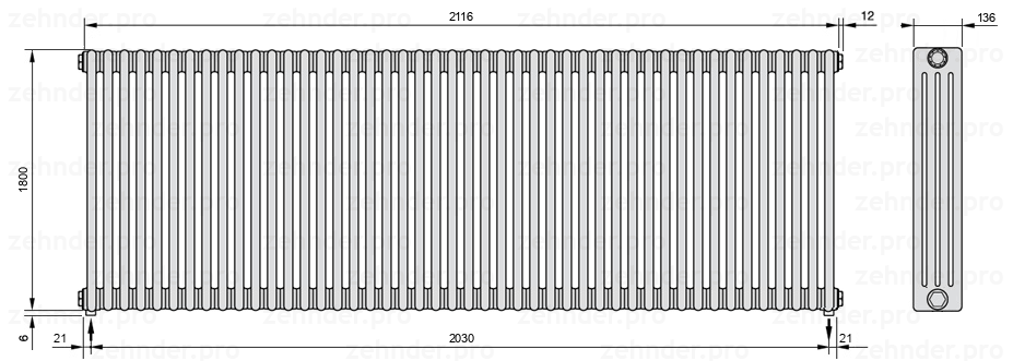 Схема (чертеж) Радиатор Zehnder Charleston 4180/46 №5310 Белый глянцевый RAL 9016